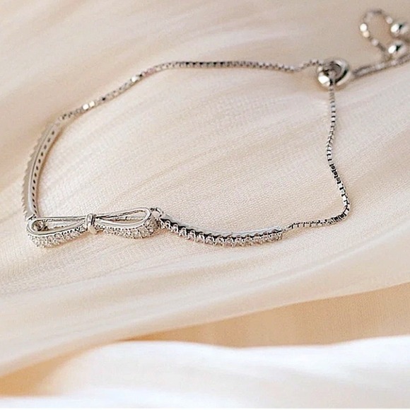 Silver Zircon Bow Knot Bracelet, Adjustable, Women’s, Minimalist, Jewelry - Picture 5 of 7